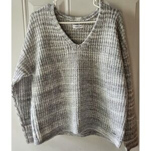 Calvin Klein Womens Sweater Large Gray V Neck Chunky Knit Cozy Pullover